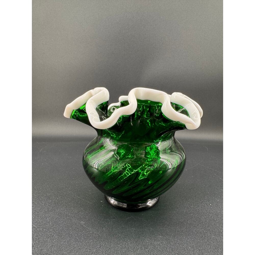 Vintage Murano Style Emerald Green Glass Vase White Ruffled Rim Hand Blown
